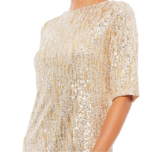 Ieena Mac Duggal Bateau Neckline Sequin Sheath Dress Gold Sparkle Size 2 - Picture 2 of 11